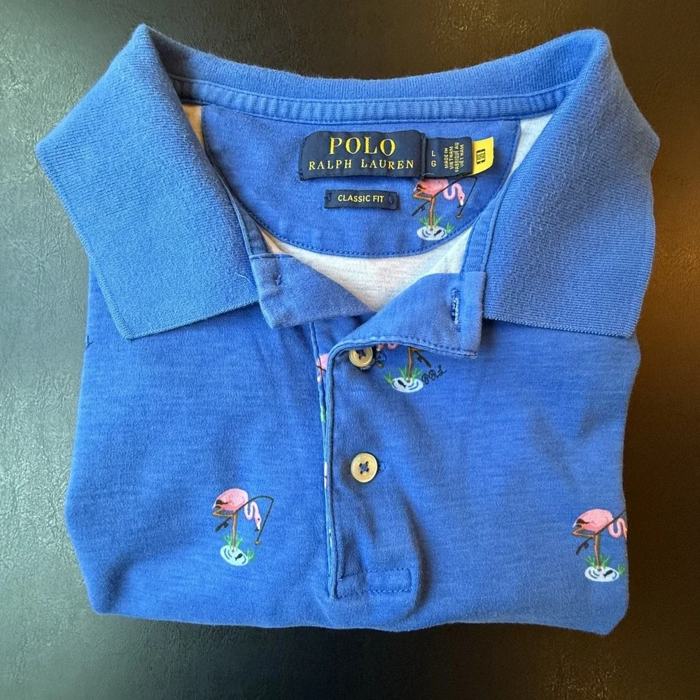 Polo Ralph Lauren Classic Fit‎ Flamingo Polo Shirt Mens L Blue Embroidered AOP